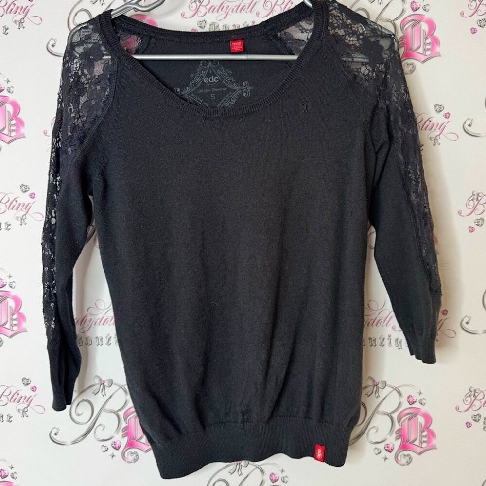 EDC sweater lace details grey black Charcoal Knit Top embroidered logo